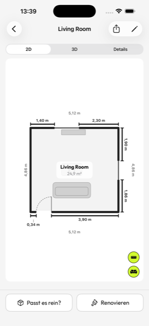Grundriss des Wohnzimmers mit Wandlängen von 5,12 m und 4,86 m und 24,9 m² Fläche.